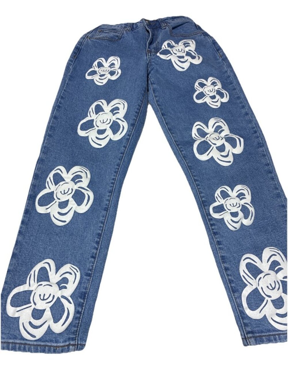rue21 Graphic White Flower Daisy Print Straight Leg Jeans Light Wash - Size 0